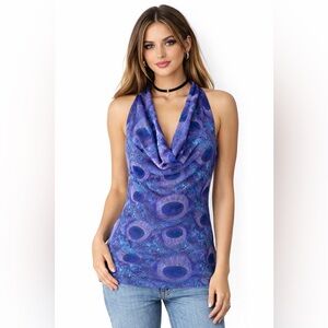 Bebe Y2K Peacock Print Cowl Neck Tank Top Blue Purple Double Layer Small